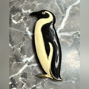 Vintage Signed TRIFARI™ Penguin Pin – Gold Tone Enamel Costume Brooch